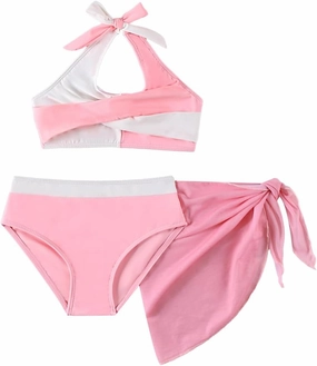 Girls Swimsuit 3 Pcs Bathing Suits Cute Bikini Sets with Solid Color Cover Up Skirt 5-14 Years