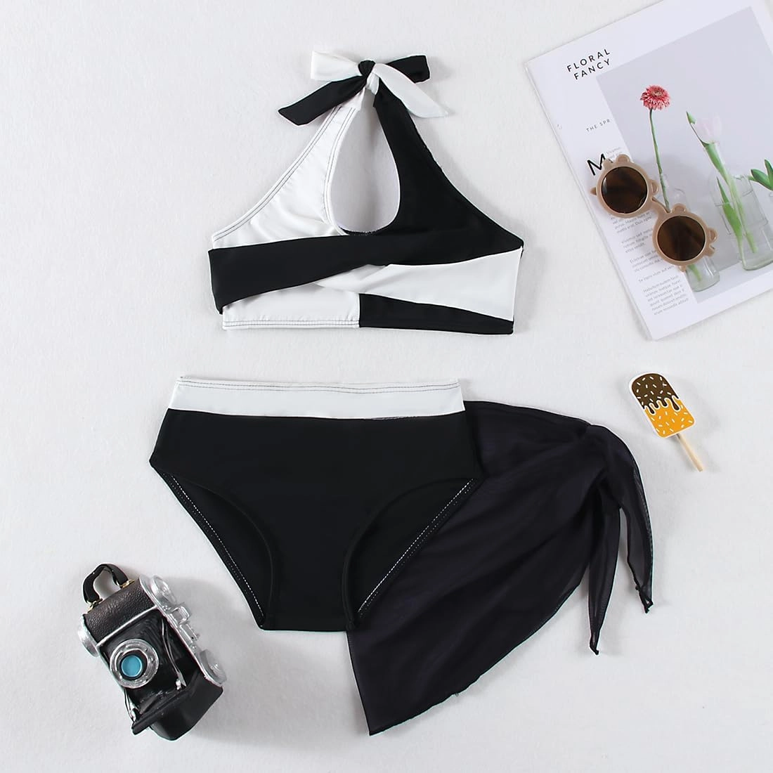 Girls Swimsuit 3 Pcs Bathing Suits Cute Bikini Sets with Solid Color Cover Up Skirt 5-14 Years