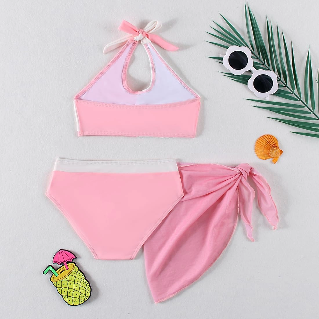 Girls Swimsuit 3 Pcs Bathing Suits Cute Bikini Sets with Solid Color Cover Up Skirt 5-14 Years