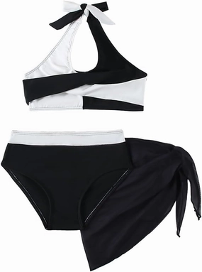 Girls Swimsuit 3 Pcs Bathing Suits Cute Bikini Sets with Solid Color Cover Up Skirt 5-14 Years