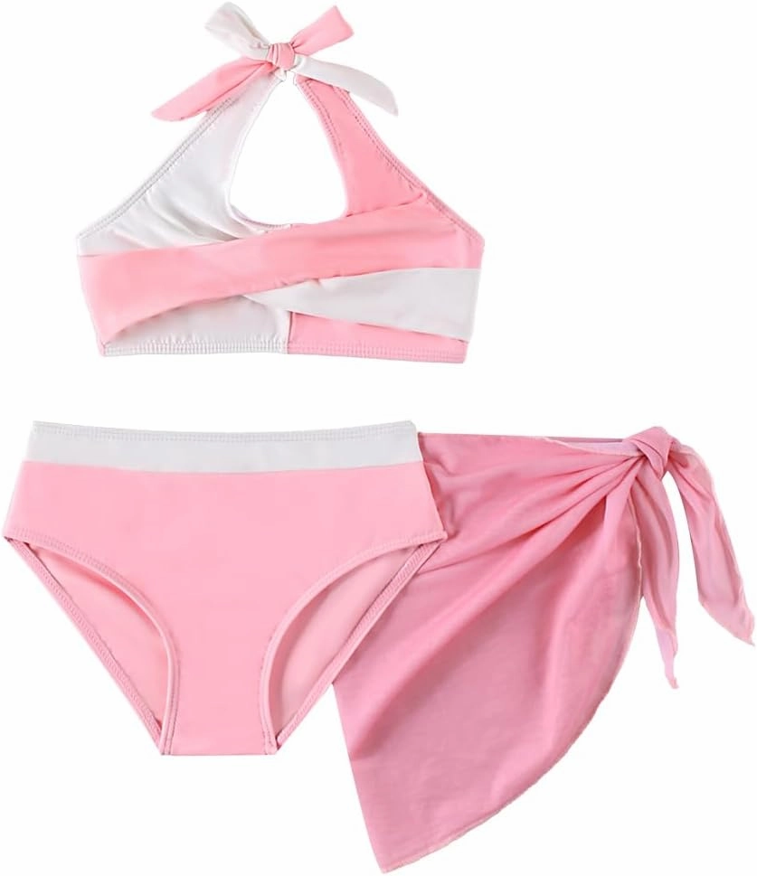 Girls Swimsuit 3 Pcs Bathing Suits Cute Bikini Sets with Solid Color Cover Up Skirt 5-14 Years