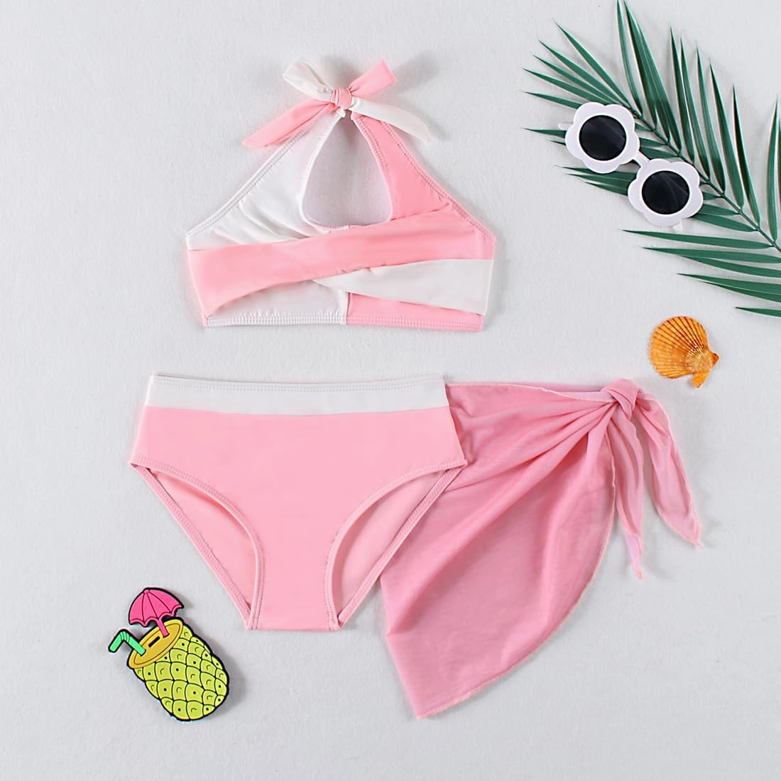 Girls Swimsuit 3 Pcs Bathing Suits Cute Bikini Sets with Solid Color Cover Up Skirt 5-14 Years