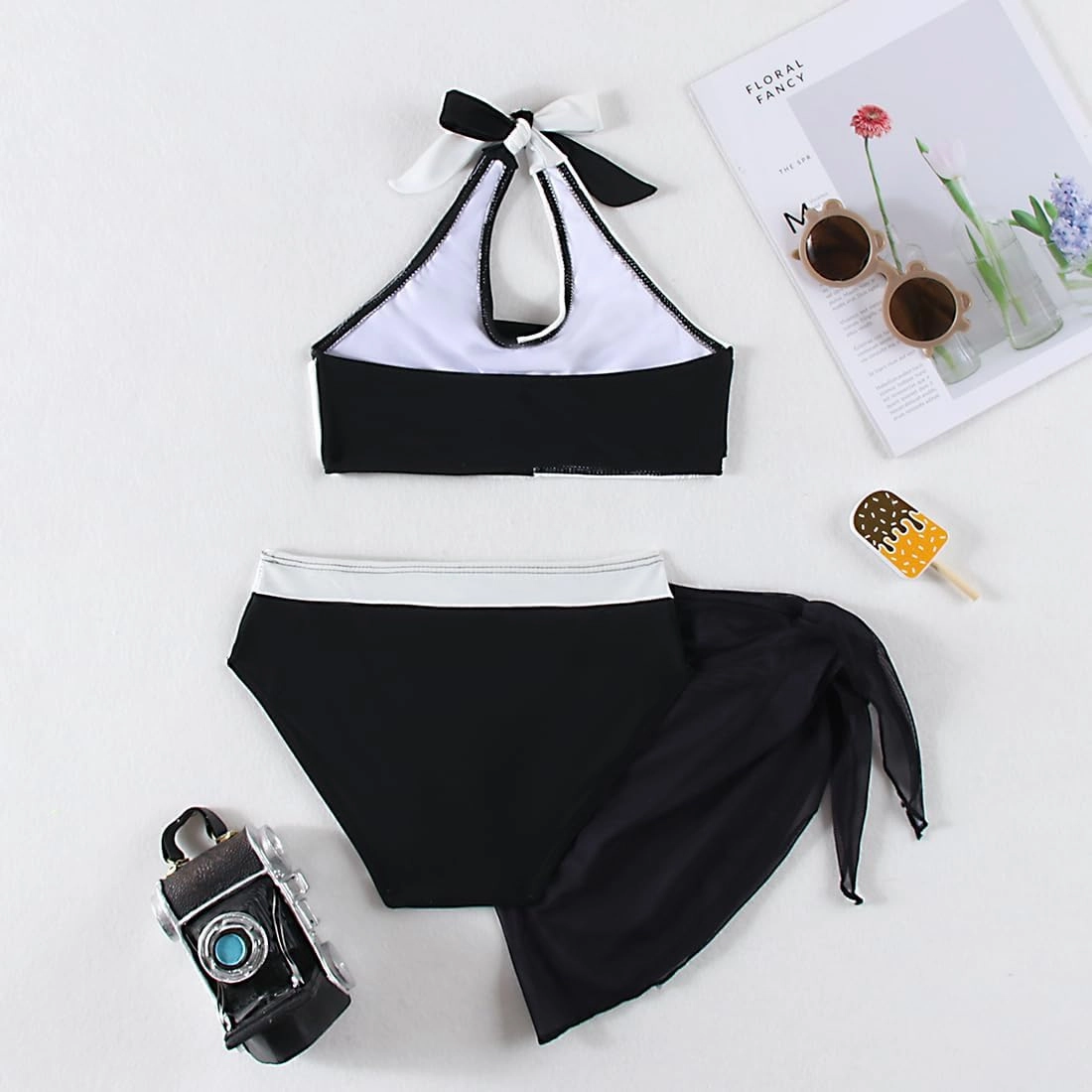 Girls Swimsuit 3 Pcs Bathing Suits Cute Bikini Sets with Solid Color Cover Up Skirt 5-14 Years