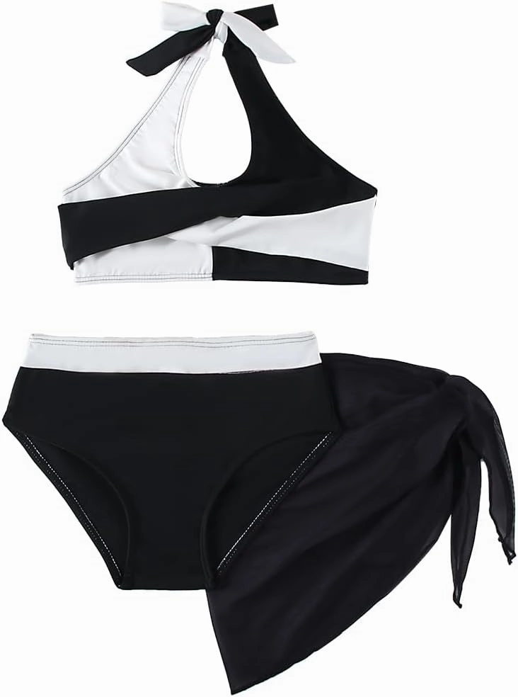 Girls Swimsuit 3 Pcs Bathing Suits Cute Bikini Sets with Solid Color Cover Up Skirt 5-14 Years