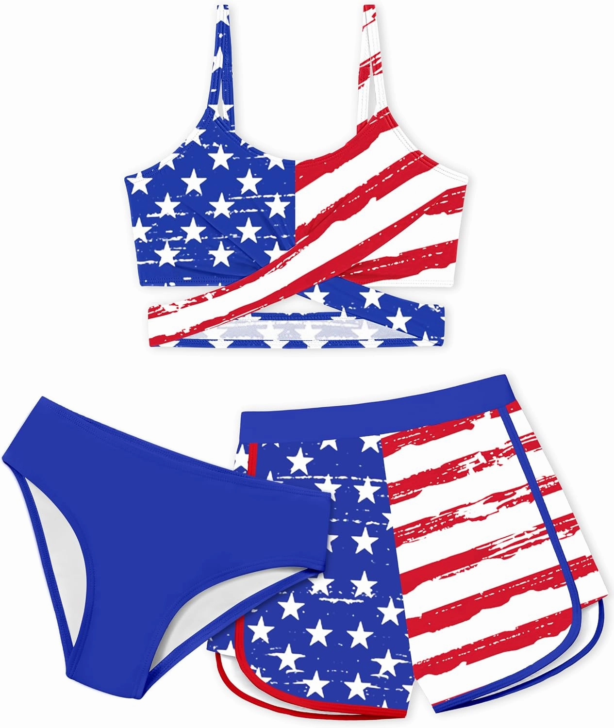 Girls Swimsuit 3 Piece Bathing Suit Criss Cross Bikini Set Girls' Swimwear with Shorts 7-16T