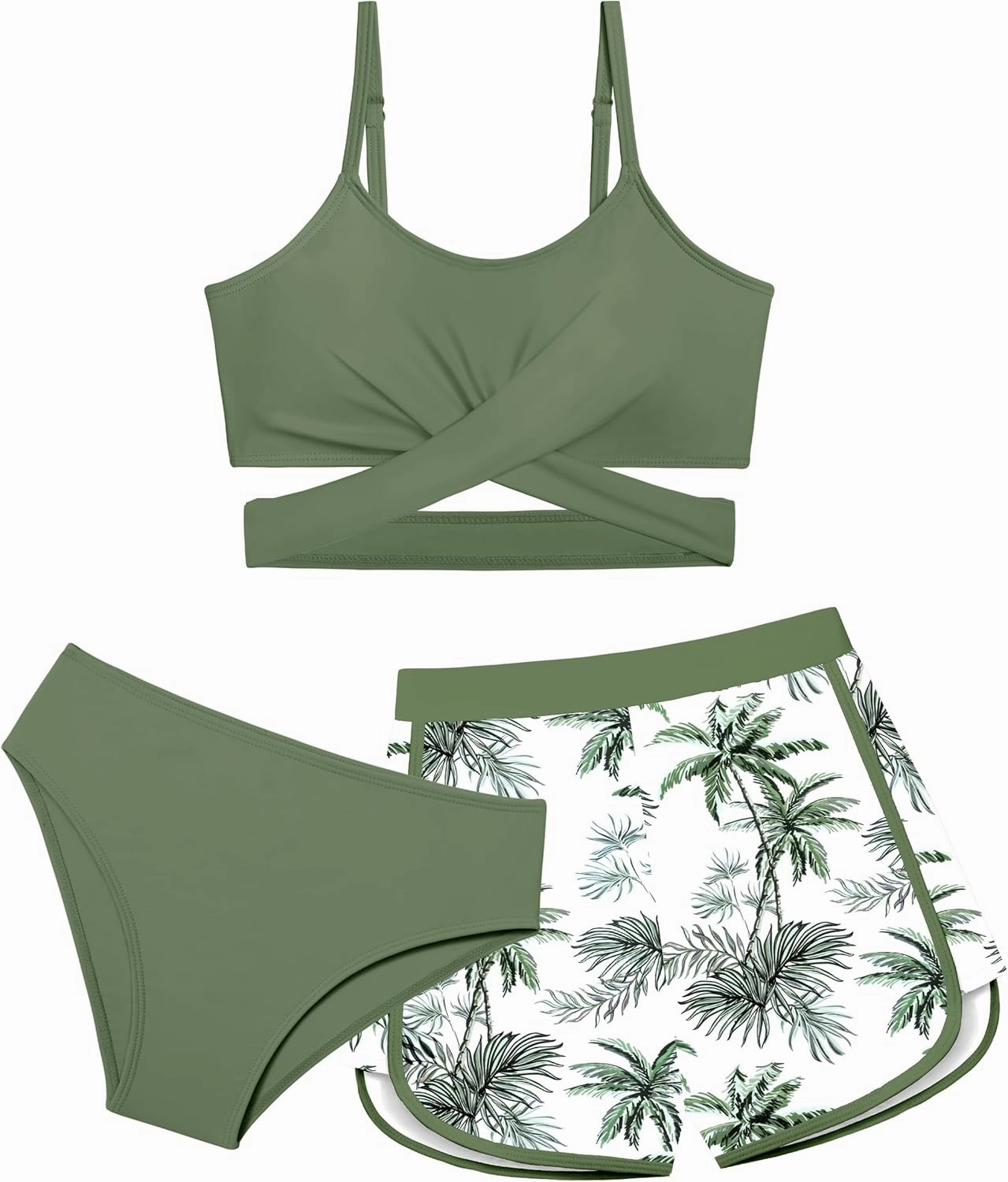 Girls Swimsuit 3 Piece Bathing Suit Criss Cross Bikini Set Girls' Swimwear with Shorts 7-16T