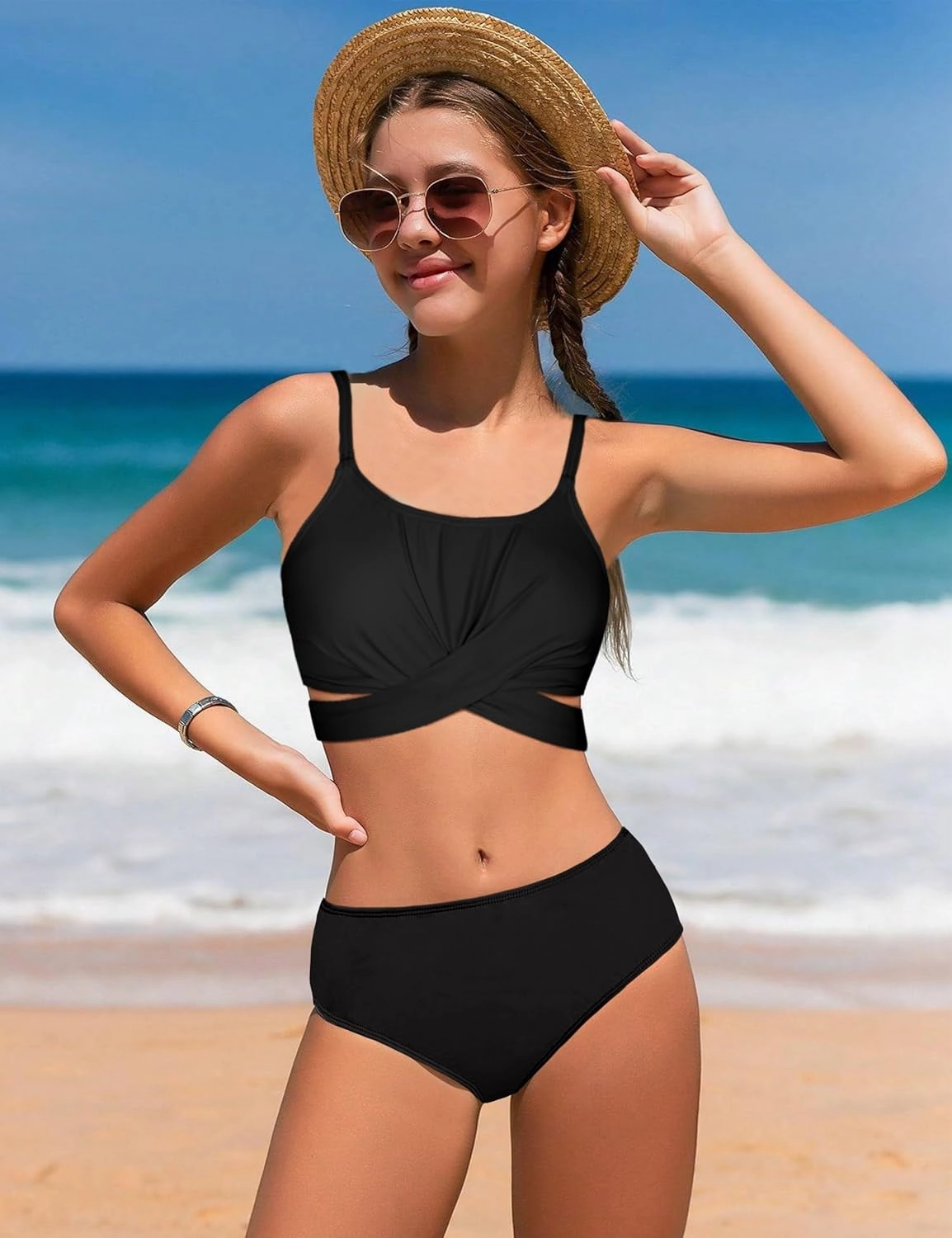 Girls Swimsuit 3 Piece Bathing Suit Criss Cross Bikini Set Girls' Swimwear with Shorts 7-16T