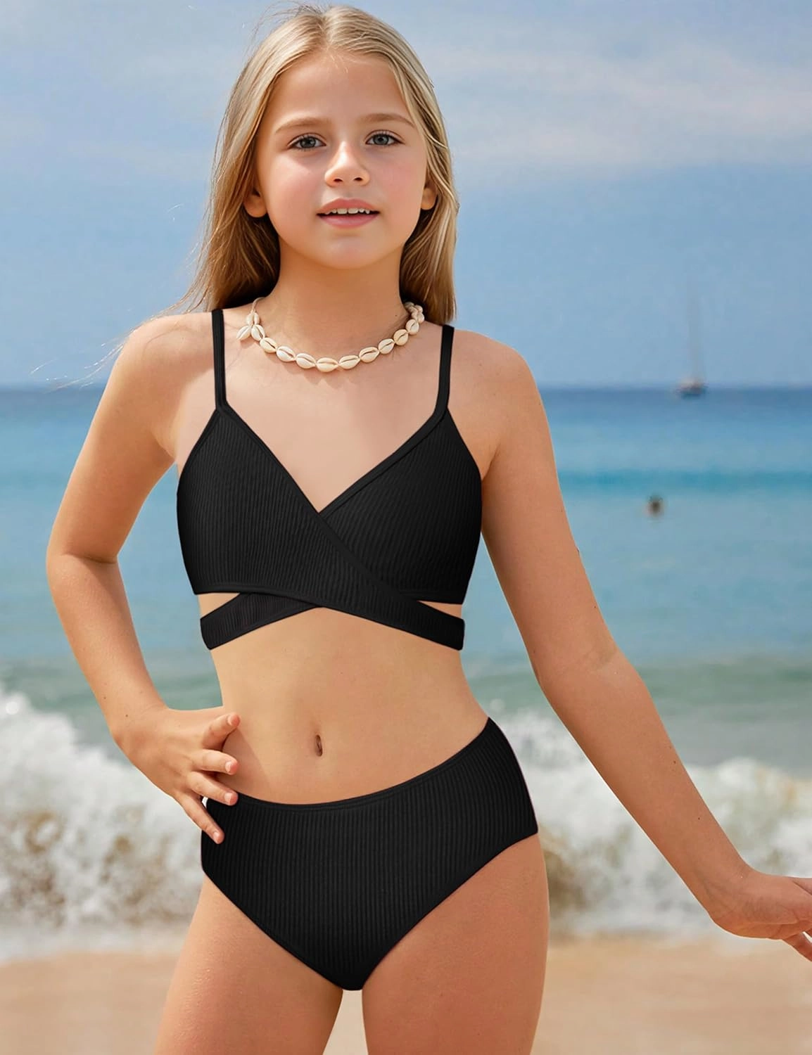 Girls Swimsuit 3 Piece Bathing Suits Criss Cross Color Block Bikini Set with Beach Cover Up Girls' Swimwear 7-16 Years