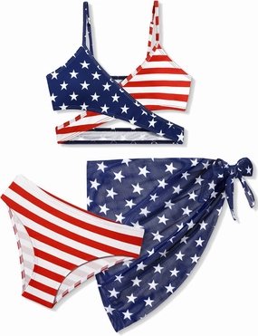 Girls Swimsuit 3 Piece Bathing Suits Criss Cross Color Block Bikini Set with Beach Cover Up Girls' Swimwear 7-16 Years