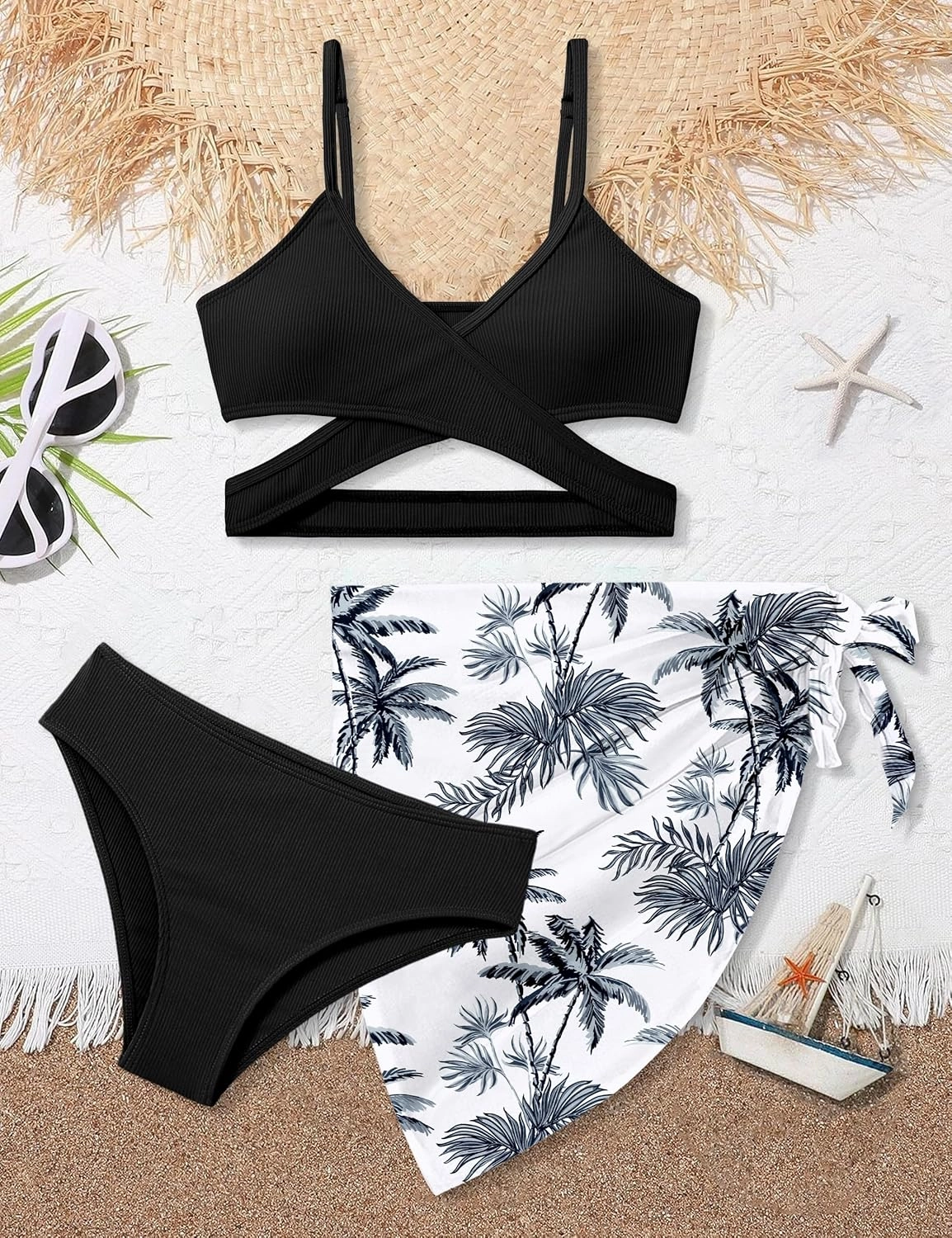 Girls Swimsuit 3 Piece Bathing Suits Criss Cross Color Block Bikini Set with Beach Cover Up Girls' Swimwear 7-16 Years