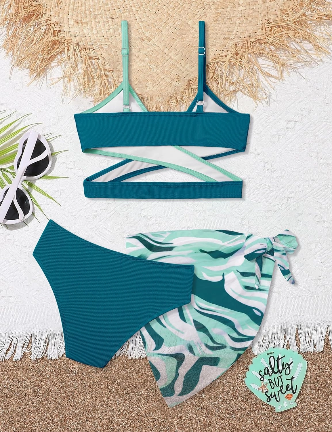 Girls Swimsuit 3 Piece Bathing Suits Criss Cross Color Block Bikini Set with Beach Cover Up Girls' Swimwear 7-16 Years