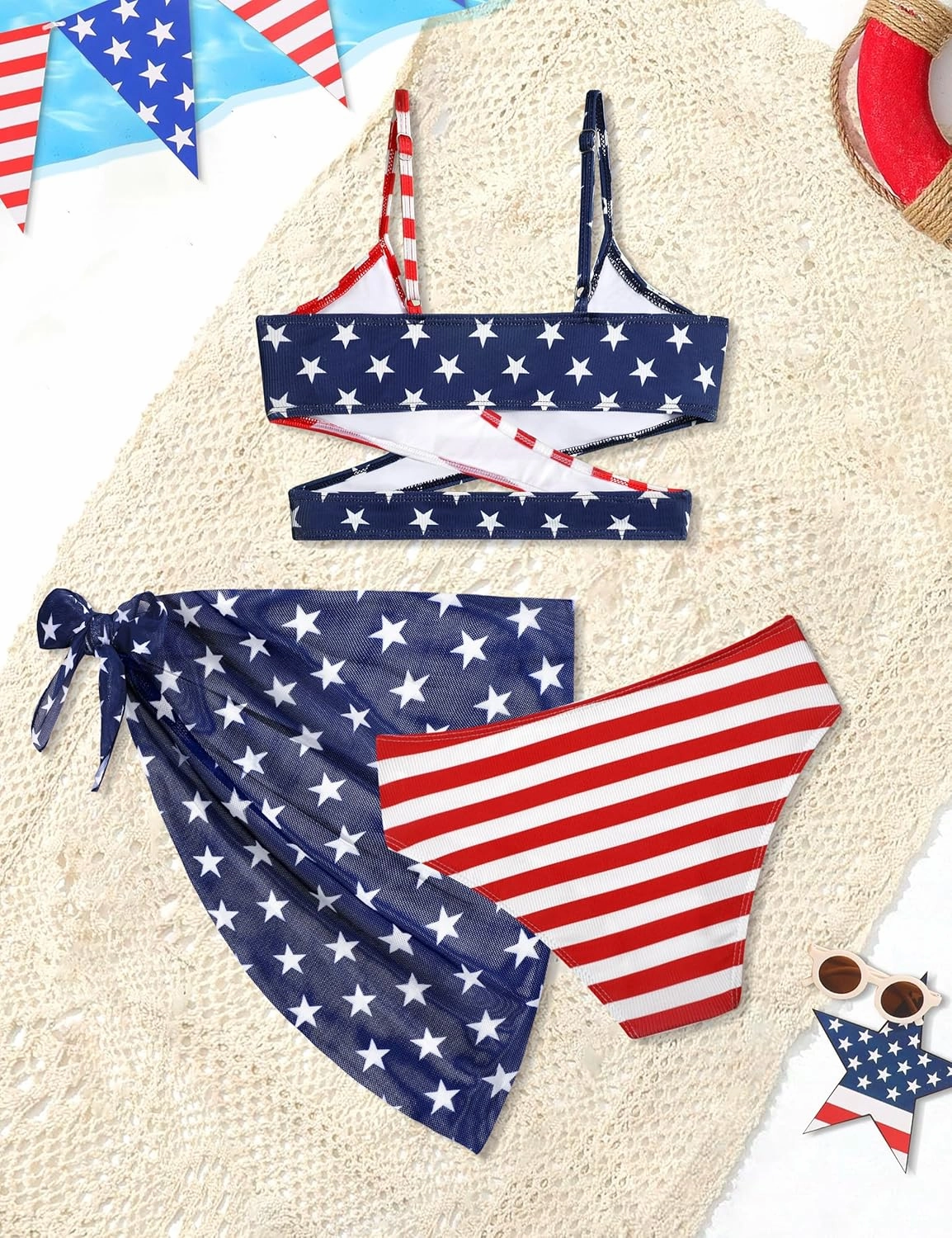 Girls Swimsuit 3 Piece Bathing Suits Criss Cross Color Block Bikini Set with Beach Cover Up Girls' Swimwear 7-16 Years