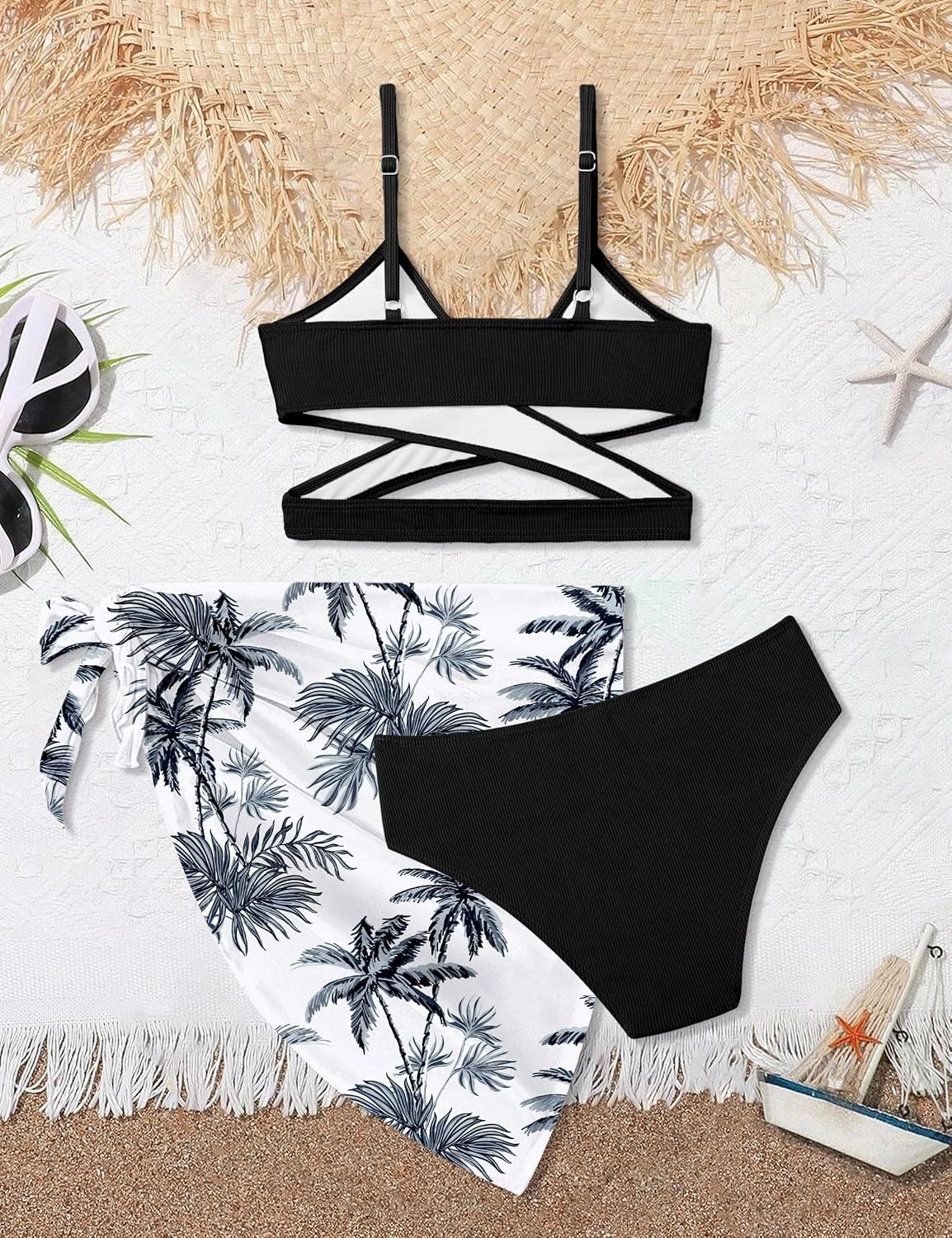 Girls Swimsuit 3 Piece Bathing Suits Criss Cross Color Block Bikini Set with Beach Cover Up Girls' Swimwear 7-16 Years