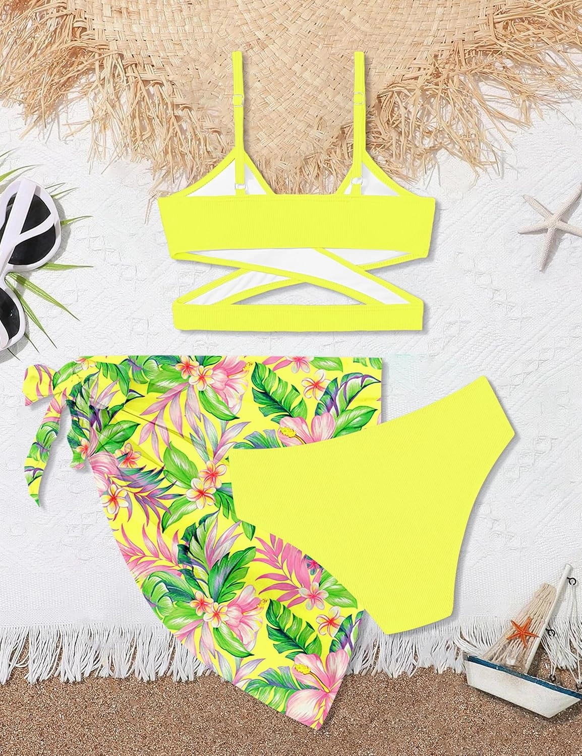 Girls Swimsuit 3 Piece Bathing Suits Criss Cross Color Block Bikini Set with Beach Cover Up Girls' Swimwear 7-16 Years