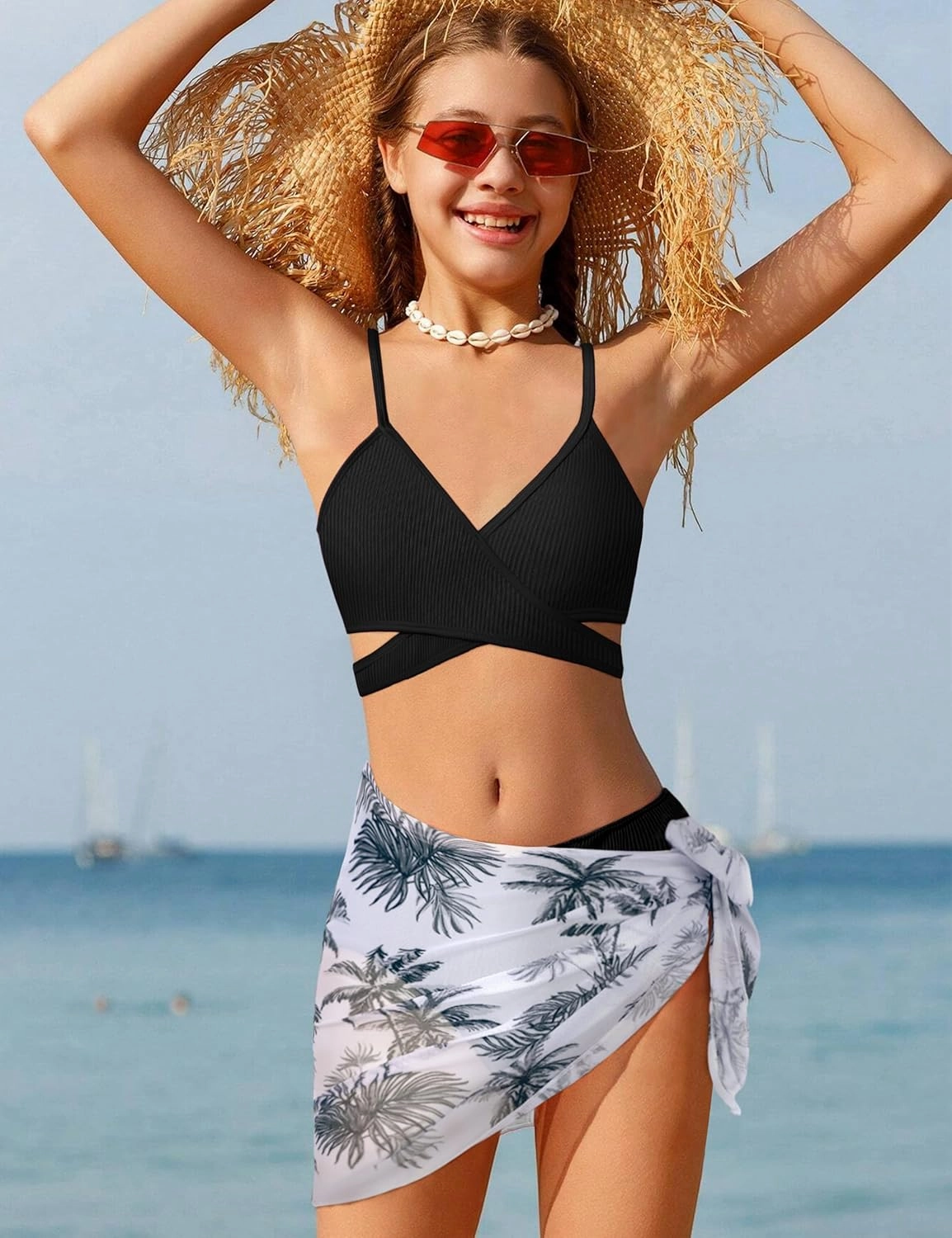 Girls Swimsuit 3 Piece Bathing Suits Criss Cross Color Block Bikini Set with Beach Cover Up Girls' Swimwear 7-16 Years