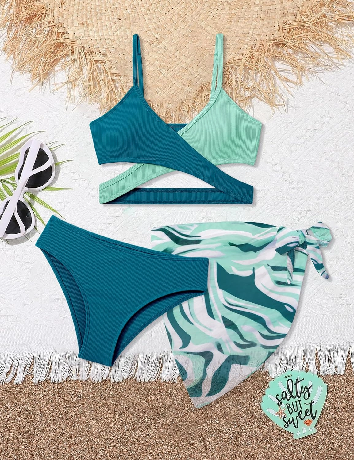 Girls Swimsuit 3 Piece Bathing Suits Criss Cross Color Block Bikini Set with Beach Cover Up Girls' Swimwear 7-16 Years