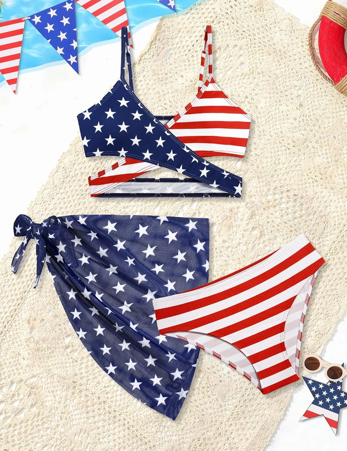 Girls Swimsuit 3 Piece Bathing Suits Criss Cross Color Block Bikini Set with Beach Cover Up Girls' Swimwear 7-16 Years