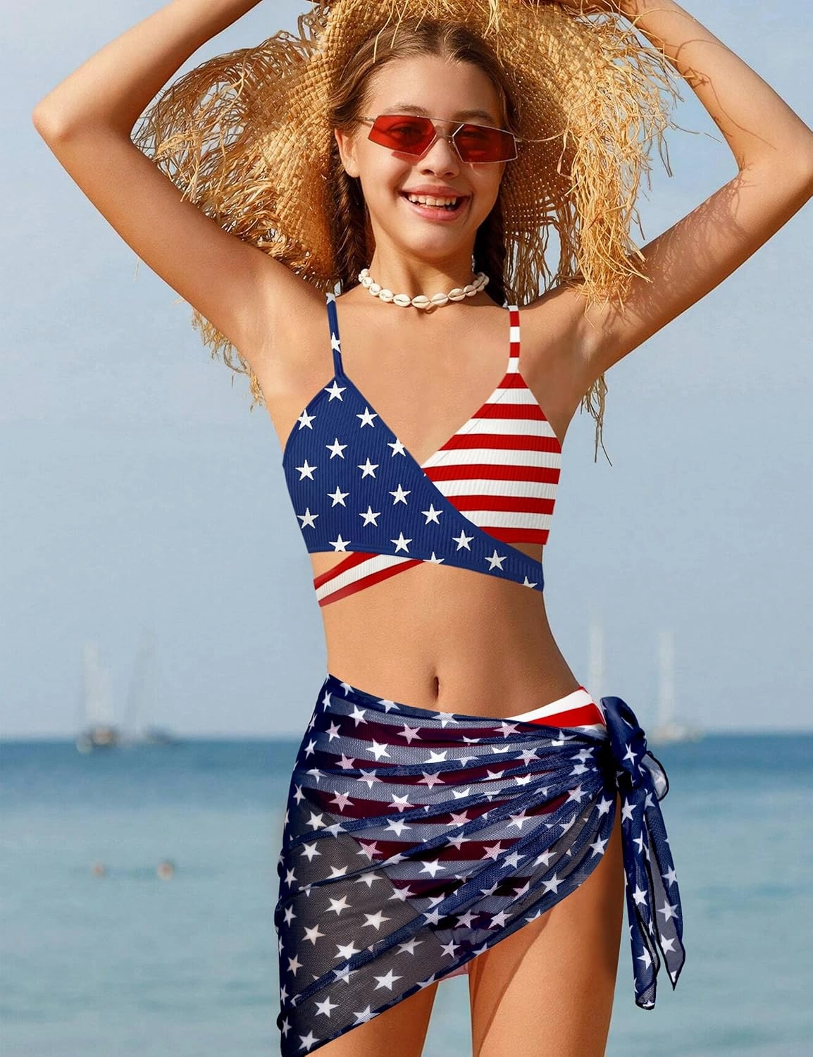 Girls Swimsuit 3 Piece Bathing Suits Criss Cross Color Block Bikini Set with Beach Cover Up Girls' Swimwear 7-16 Years