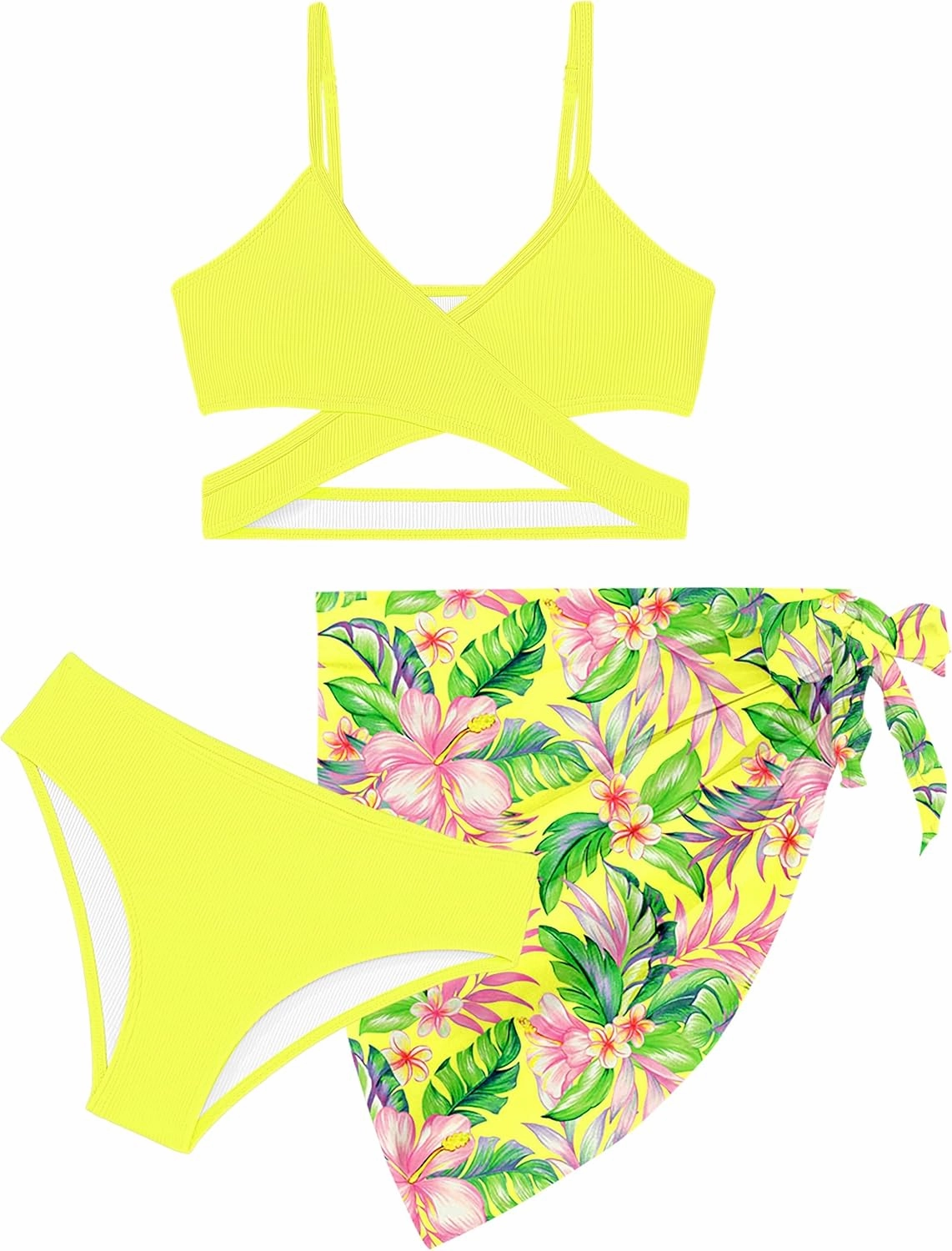Girls Swimsuit 3 Piece Bathing Suits Criss Cross Color Block Bikini Set with Beach Cover Up Girls' Swimwear 7-16 Years
