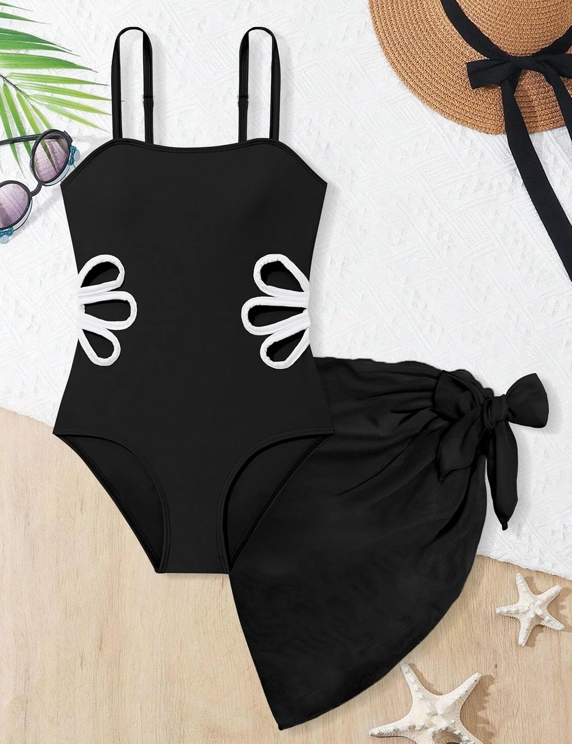 Girls Swimsuit, Adjustable Straps Cut Out One Piece Bathing Suit with Solid Color Cover Up Skirt Girls' Swimwear