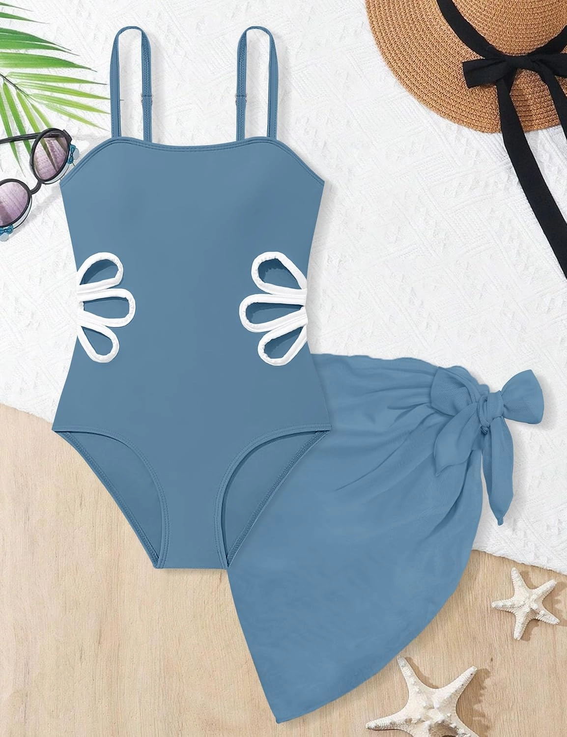 Girls Swimsuit, Adjustable Straps Cut Out One Piece Bathing Suit with Solid Color Cover Up Skirt Girls' Swimwear