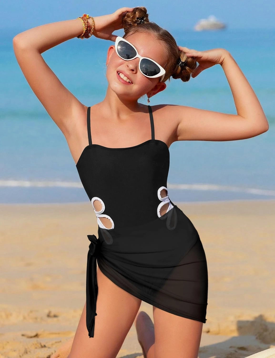 Girls Swimsuit, Adjustable Straps Cut Out One Piece Bathing Suit with Solid Color Cover Up Skirt Girls' Swimwear