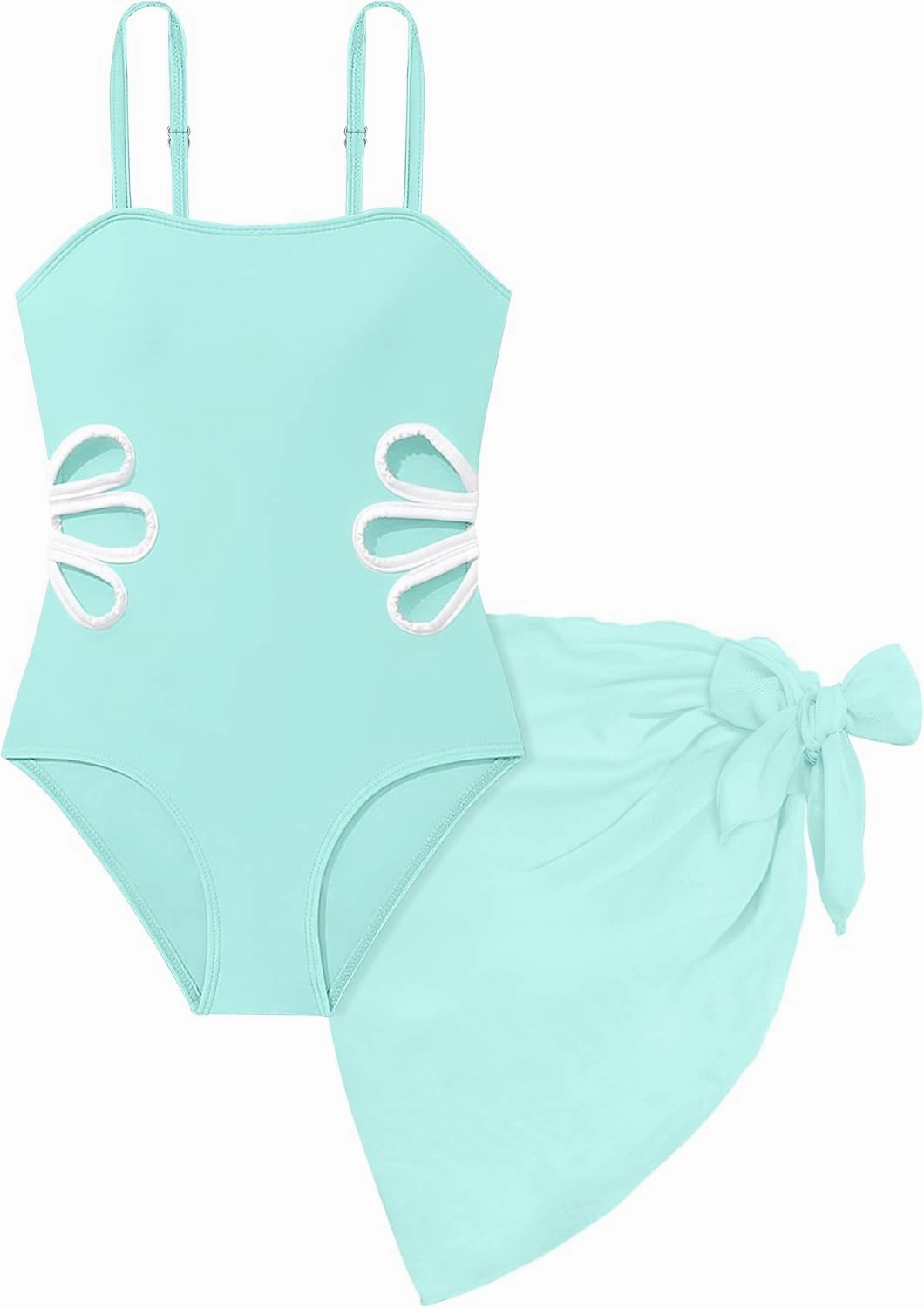 Girls Swimsuit, Adjustable Straps Cut Out One Piece Bathing Suit with Solid Color Cover Up Skirt Girls' Swimwear