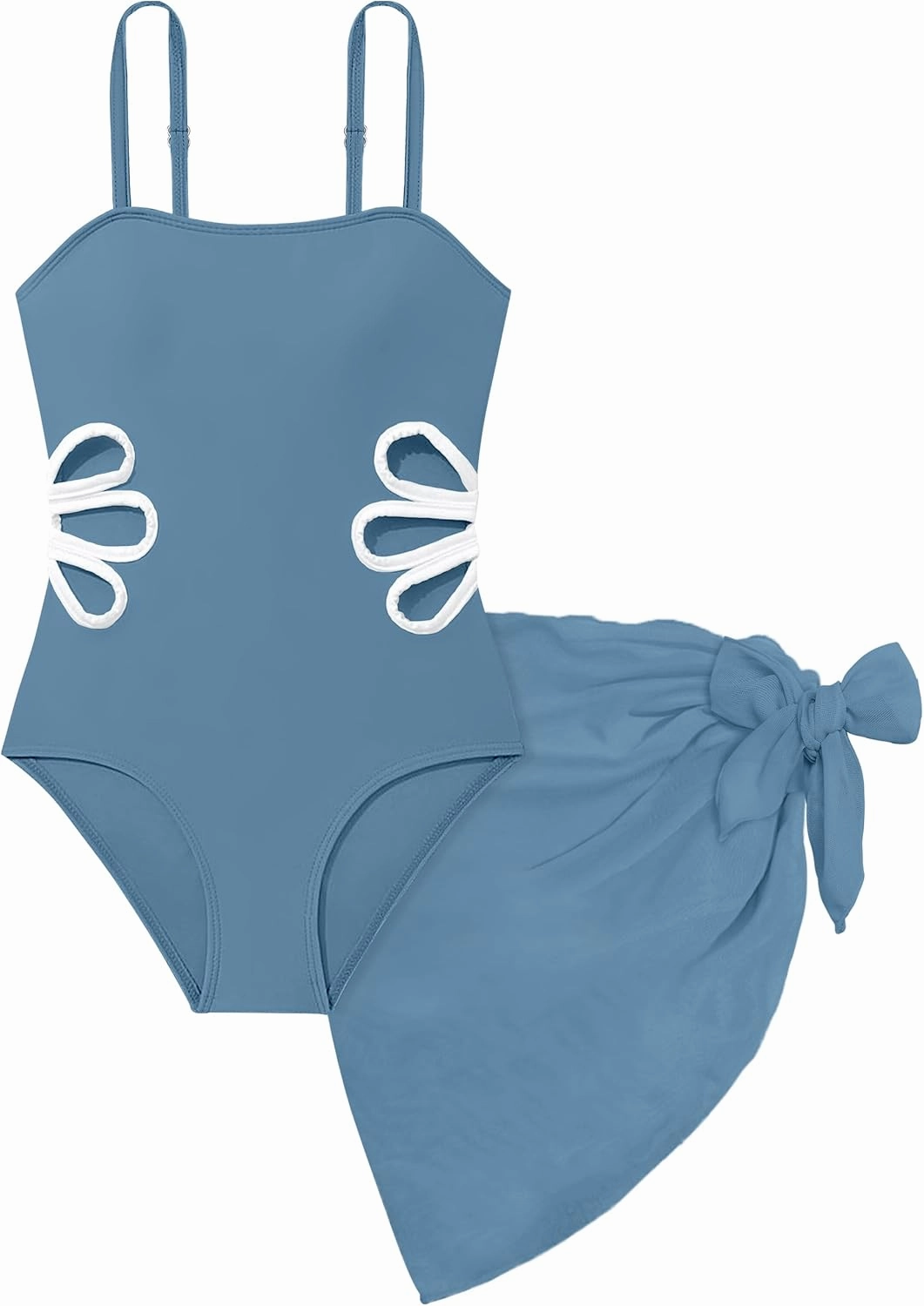 Girls Swimsuit, Adjustable Straps Cut Out One Piece Bathing Suit with Solid Color Cover Up Skirt Girls' Swimwear