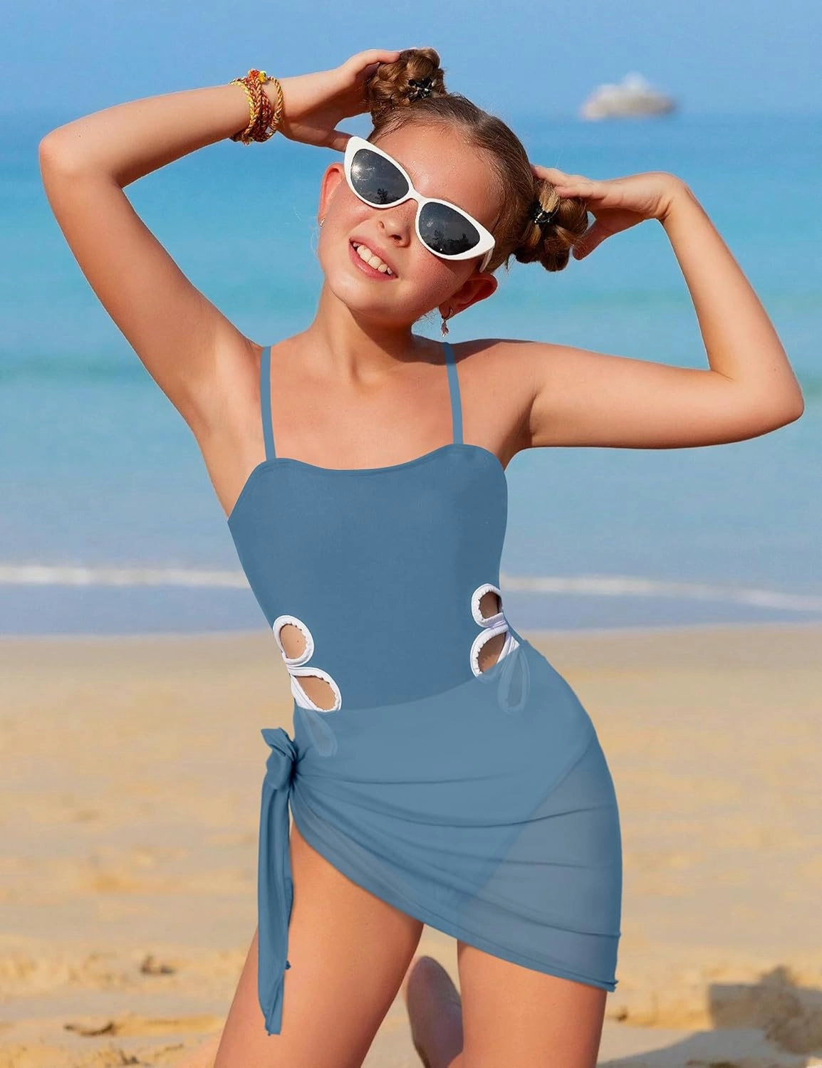 Girls Swimsuit, Adjustable Straps Cut Out One Piece Bathing Suit with Solid Color Cover Up Skirt Girls' Swimwear