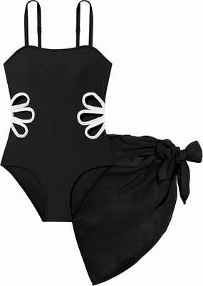 Girls Swimsuit, Adjustable Straps Cut Out One Piece Bathing Suit with Solid Color Cover Up Skirt Girls' Swimwear