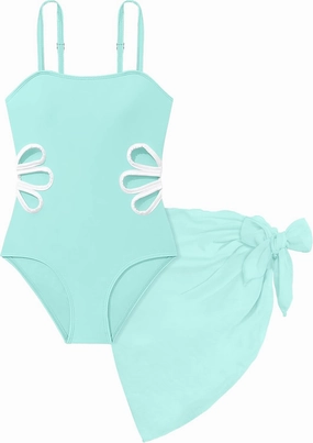 Girls Swimsuit, Adjustable Straps Cut Out One Piece Bathing Suit with Solid Color Cover Up Skirt Girls' Swimwear