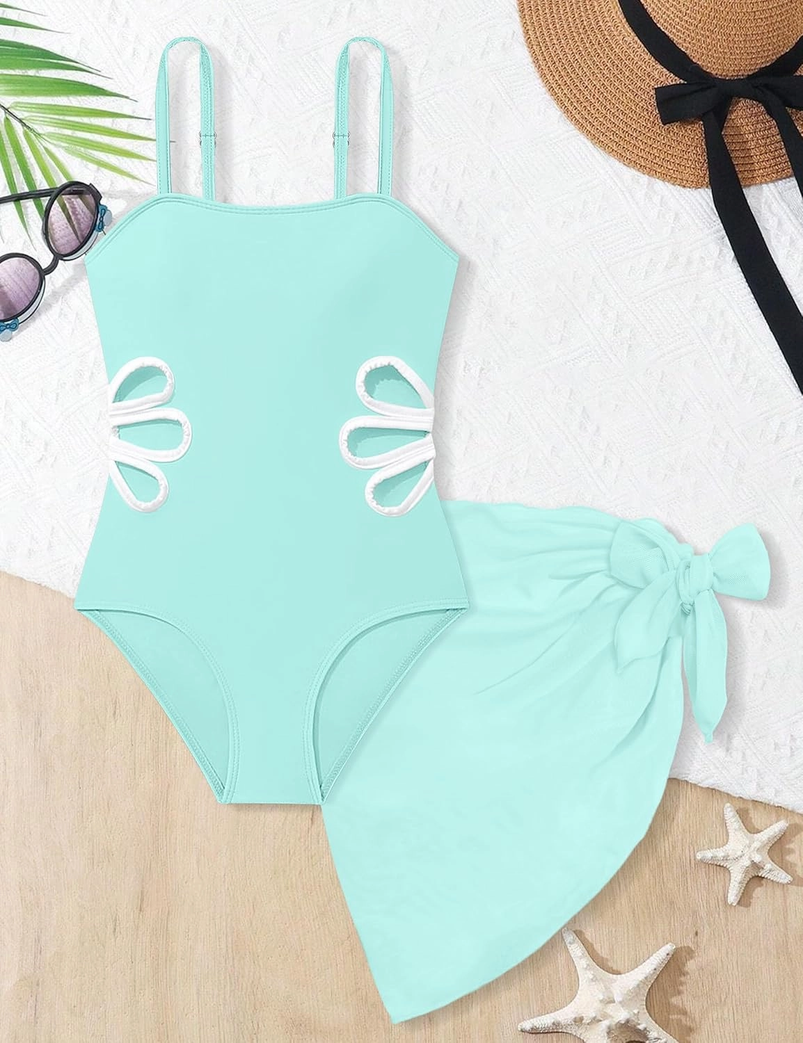 Girls Swimsuit, Adjustable Straps Cut Out One Piece Bathing Suit with Solid Color Cover Up Skirt Girls' Swimwear