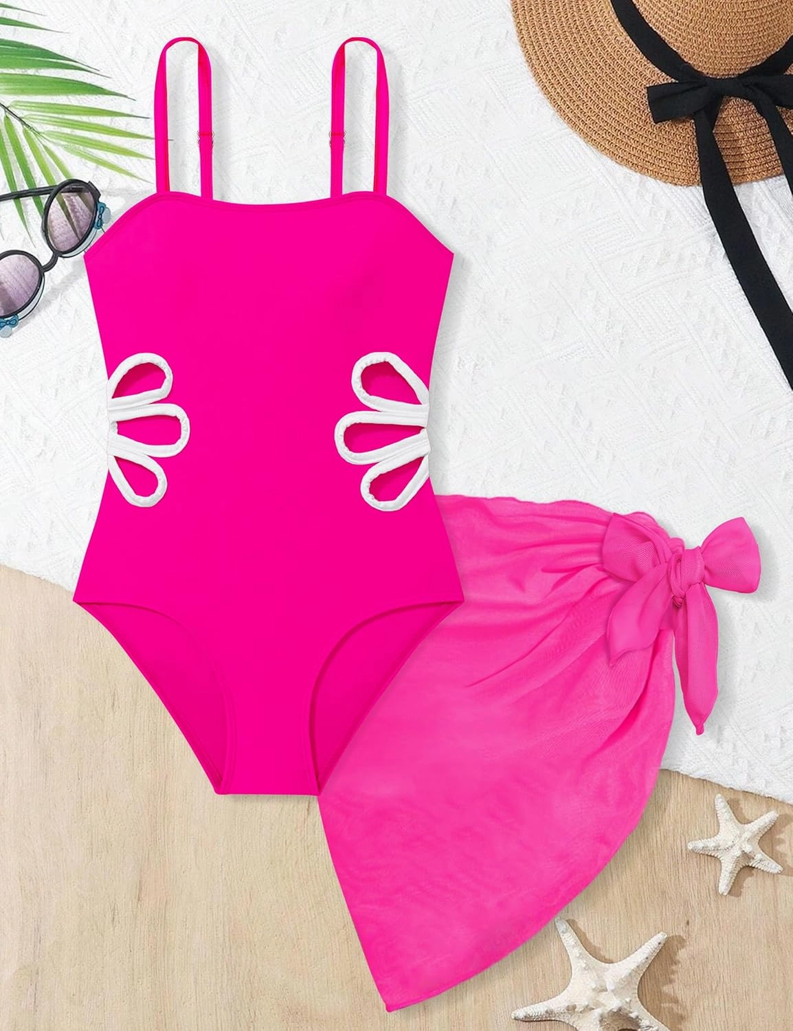 Girls Swimsuit, Adjustable Straps Cut Out One Piece Bathing Suit with Solid Color Cover Up Skirt Girls' Swimwear
