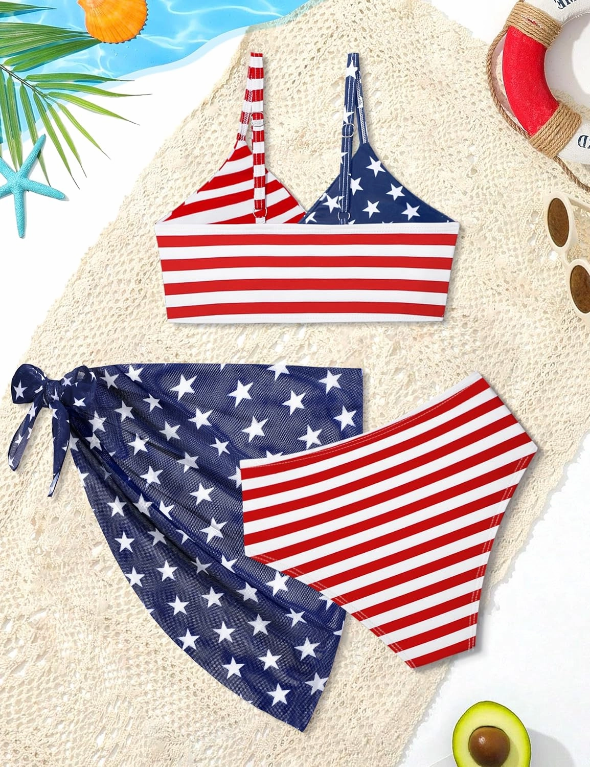 Girls Swimsuit, Bathing Suits 3 Piece Tropical Floral Twist Cross Bikini Sets Girls' Swimwear with Cover Up Skirt 7-16T