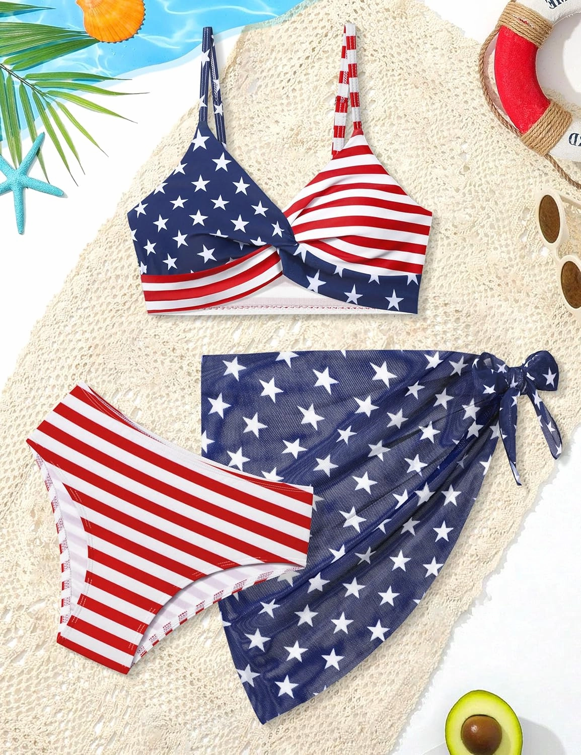 Girls Swimsuit, Bathing Suits 3 Piece Tropical Floral Twist Cross Bikini Sets Girls' Swimwear with Cover Up Skirt 7-16T