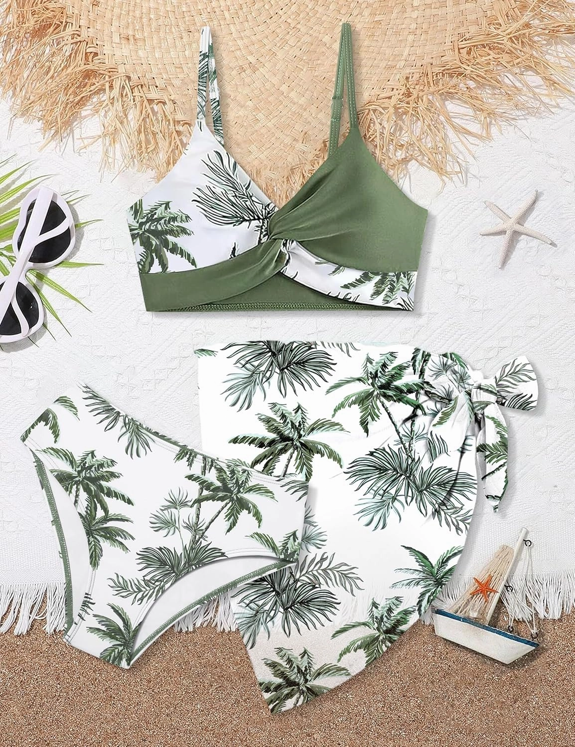 Girls Swimsuit, Bathing Suits 3 Piece Tropical Floral Twist Cross Bikini Sets Girls' Swimwear with Cover Up Skirt 7-16T