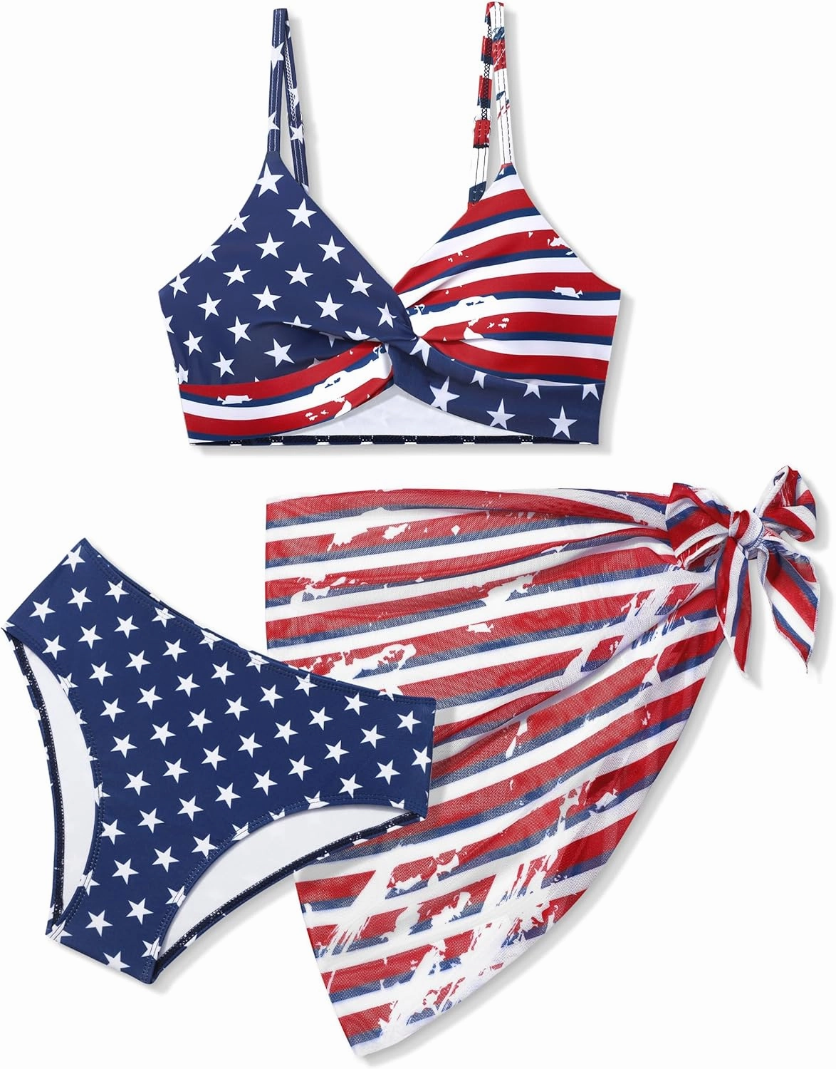 Girls Swimsuit, Bathing Suits 3 Piece Tropical Floral Twist Cross Bikini Sets Girls' Swimwear with Cover Up Skirt 7-16T