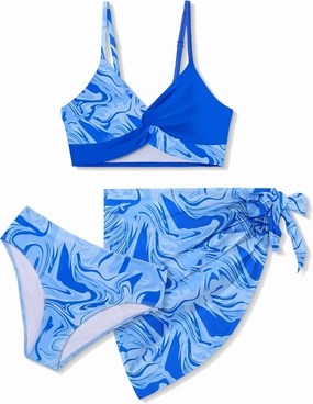 Girls Swimsuit, Bathing Suits 3 Piece Tropical Floral Twist Cross Bikini Sets Girls' Swimwear with Cover Up Skirt 7-16T