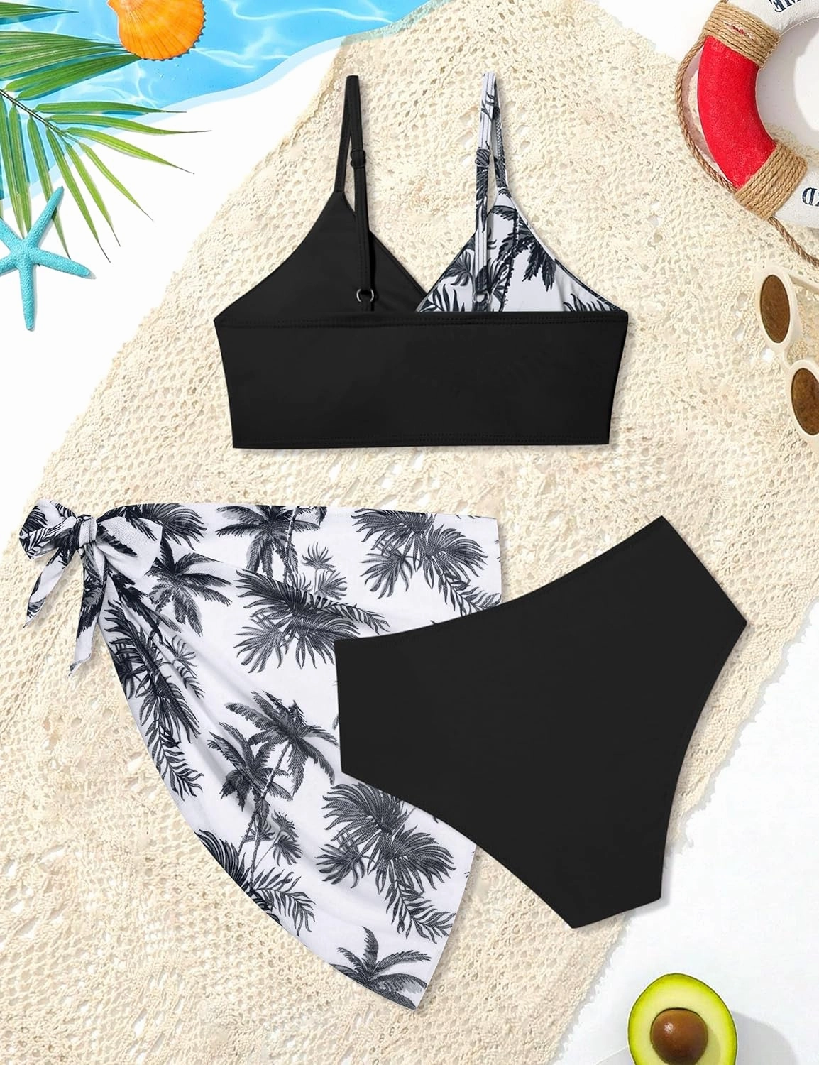 Girls Swimsuit, Bathing Suits 3 Piece Tropical Floral Twist Cross Bikini Sets Girls' Swimwear with Cover Up Skirt 7-16T
