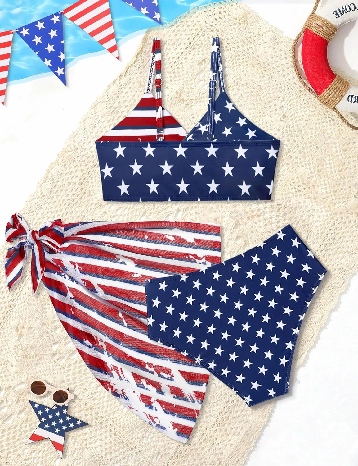Girls Swimsuit, Bathing Suits 3 Piece Tropical Floral Twist Cross Bikini Sets Girls' Swimwear with Cover Up Skirt 7-16T