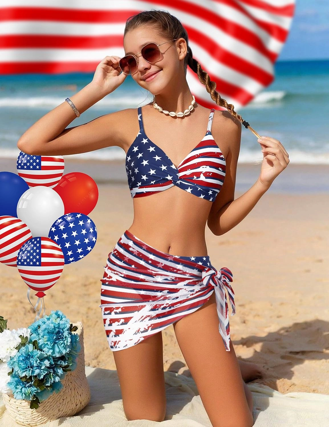 Girls Swimsuit, Bathing Suits 3 Piece Tropical Floral Twist Cross Bikini Sets Girls' Swimwear with Cover Up Skirt 7-16T