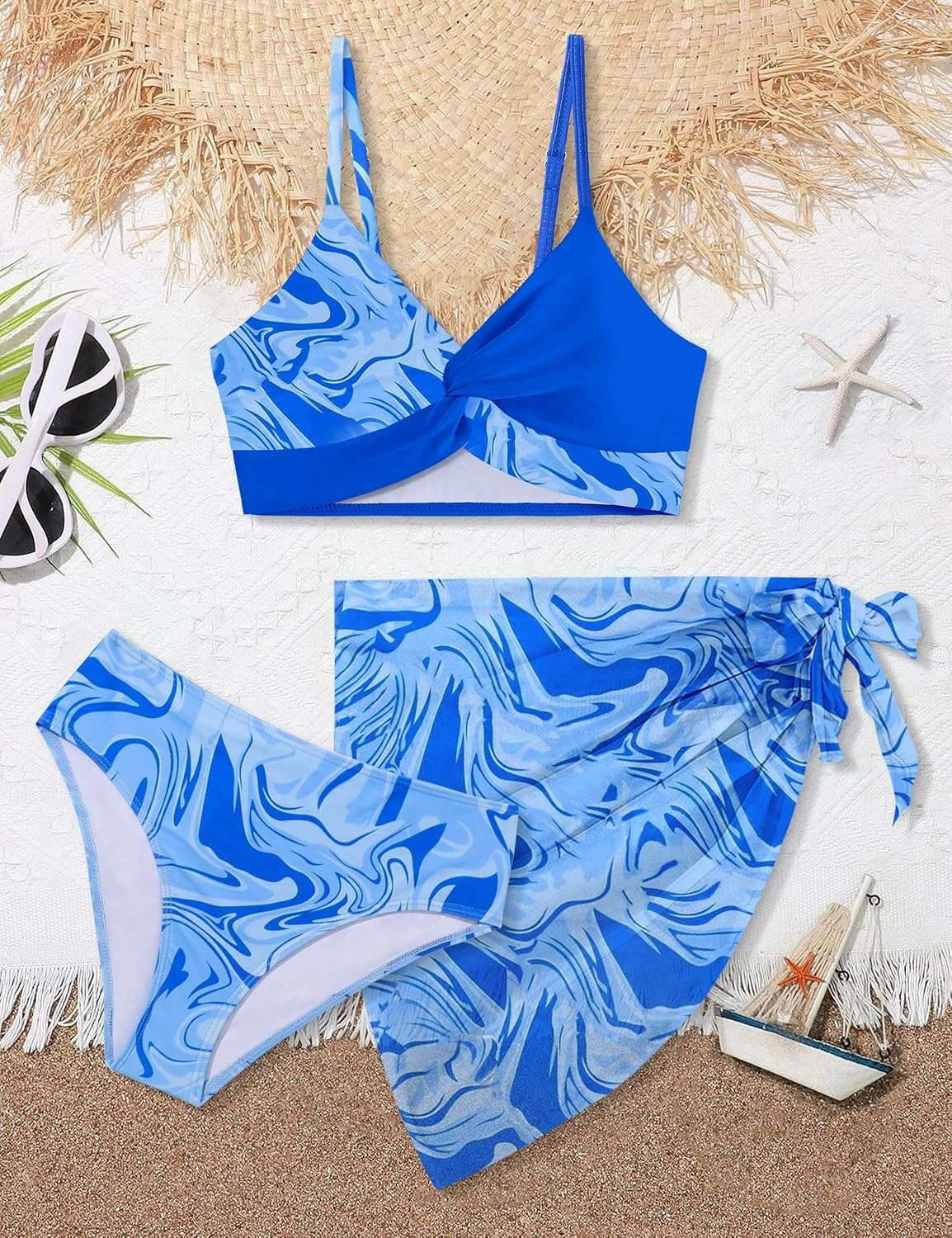 Girls Swimsuit, Bathing Suits 3 Piece Tropical Floral Twist Cross Bikini Sets Girls' Swimwear with Cover Up Skirt 7-16T