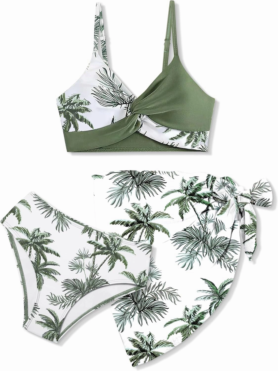 Girls Swimsuit, Bathing Suits 3 Piece Tropical Floral Twist Cross Bikini Sets Girls' Swimwear with Cover Up Skirt 7-16T