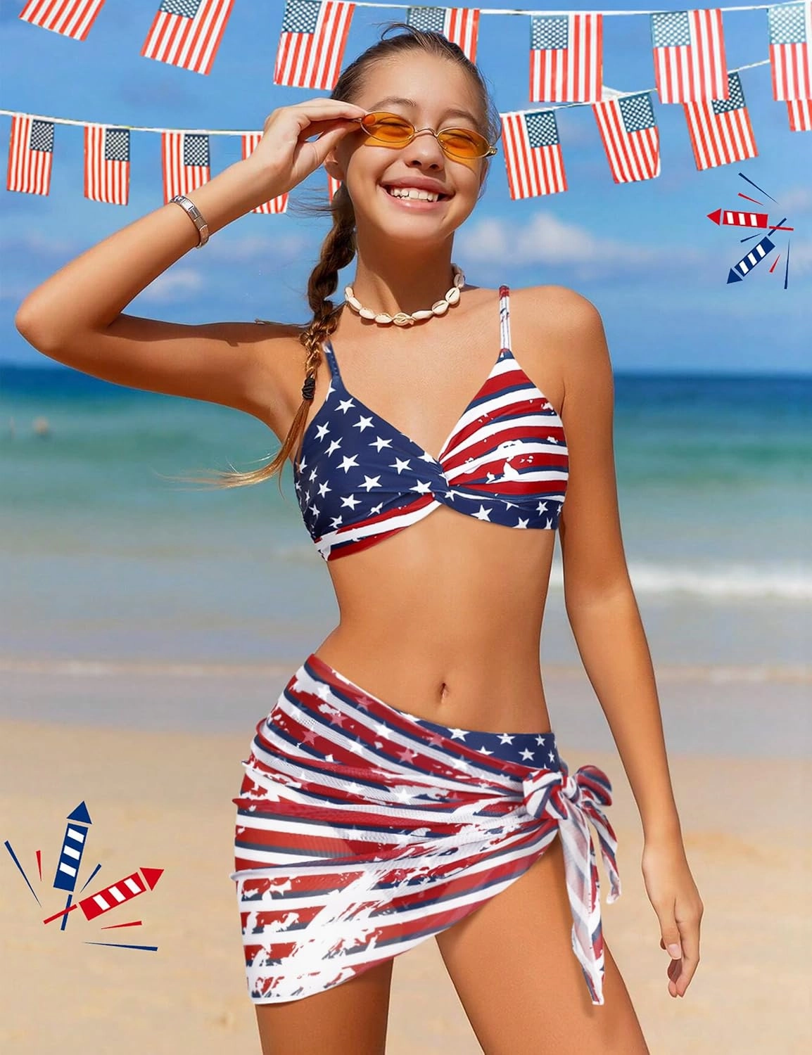 Girls Swimsuit, Bathing Suits 3 Piece Tropical Floral Twist Cross Bikini Sets Girls' Swimwear with Cover Up Skirt 7-16T