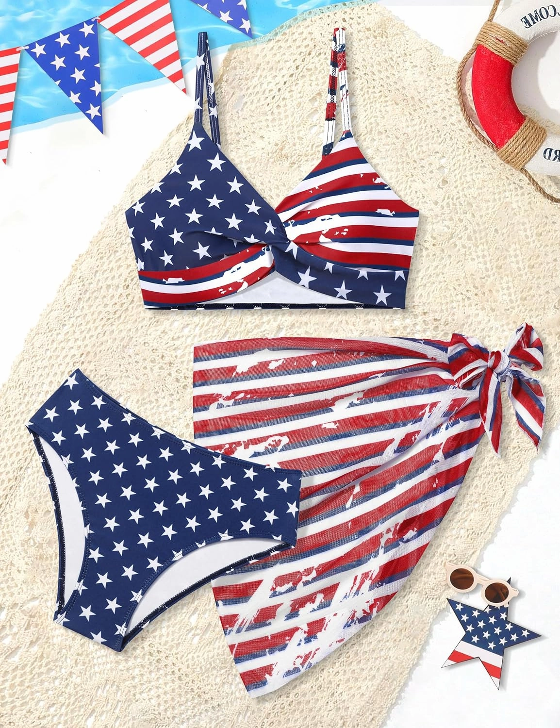 Girls Swimsuit, Bathing Suits 3 Piece Tropical Floral Twist Cross Bikini Sets Girls' Swimwear with Cover Up Skirt 7-16T