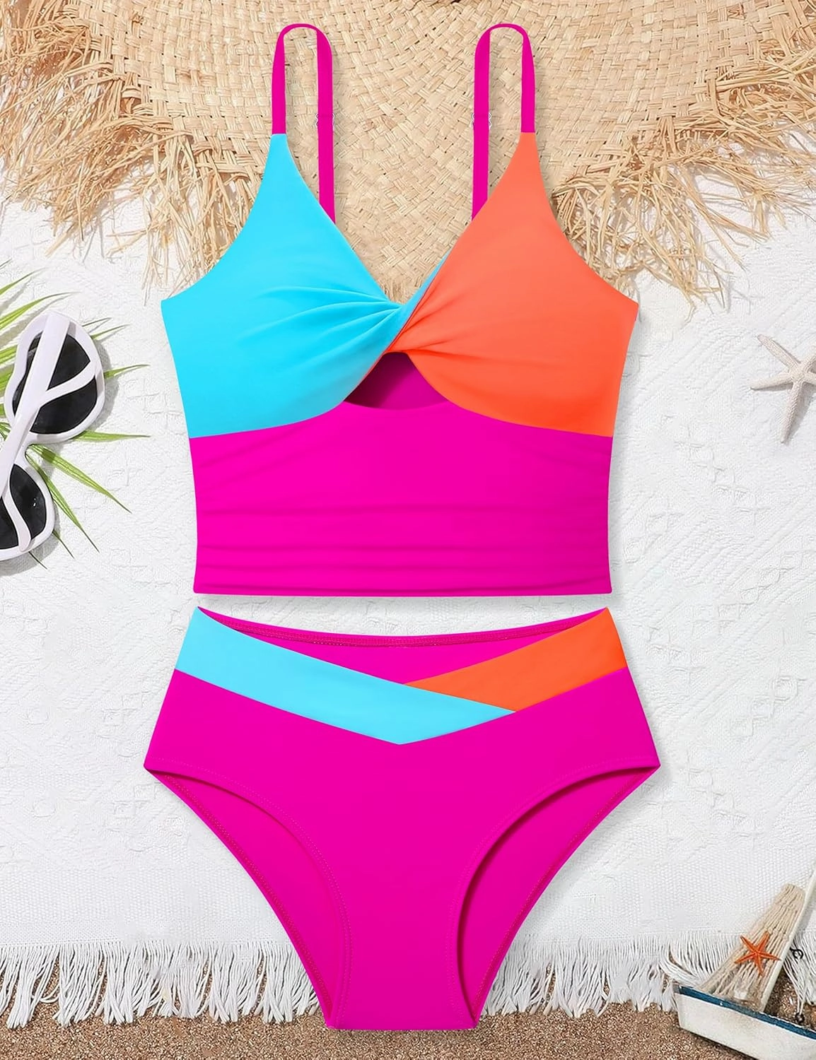 Girls Swimsuit Color Block Girls Bathing Suit Twist Tankini Set Two Piece Girl Swimwear Bikini Set for 9-16 Years