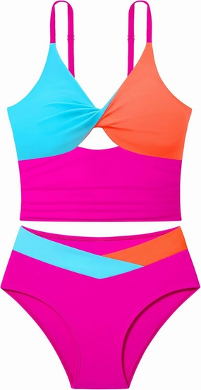 Girls Swimsuit Color Block Girls Bathing Suit Twist Tankini Set Two Piece Girl Swimwear Bikini Set for 9-16 Years