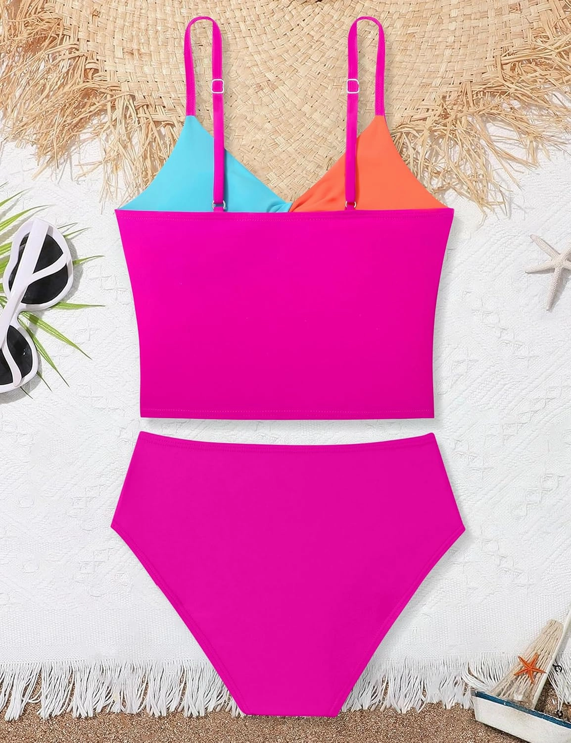 Girls Swimsuit Color Block Girls Bathing Suit Twist Tankini Set Two Piece Girl Swimwear Bikini Set for 9-16 Years