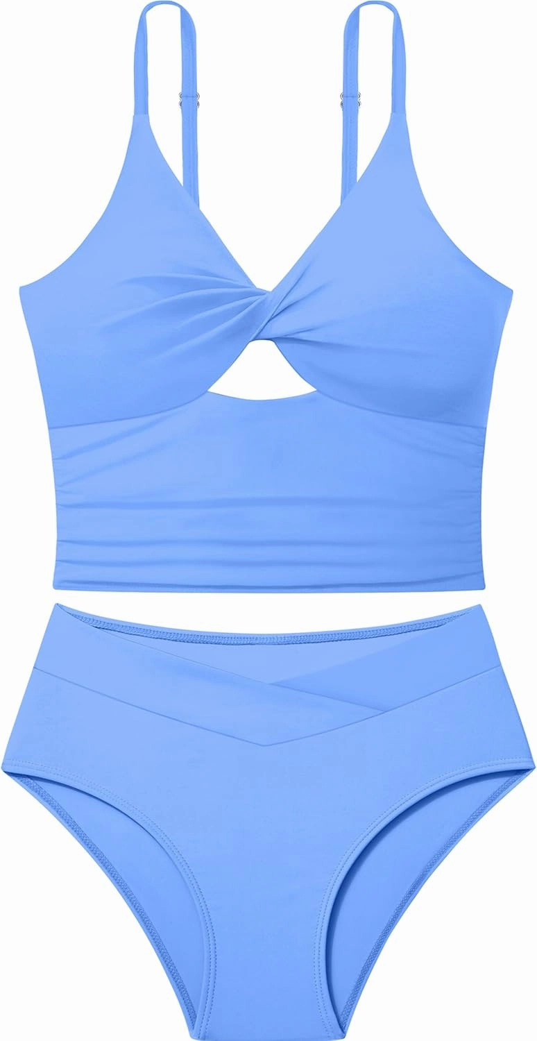 Girls Swimsuit Color Block Girls Bathing Suit Twist Tankini Set Two Piece Girl Swimwear Bikini Set for 9-16 Years