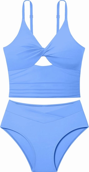 Girls Swimsuit Color Block Girls Bathing Suit Twist Tankini Set Two Piece Girl Swimwear Bikini Set for 9-16 Years